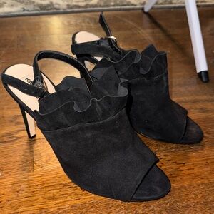 Black suede peep toe heels